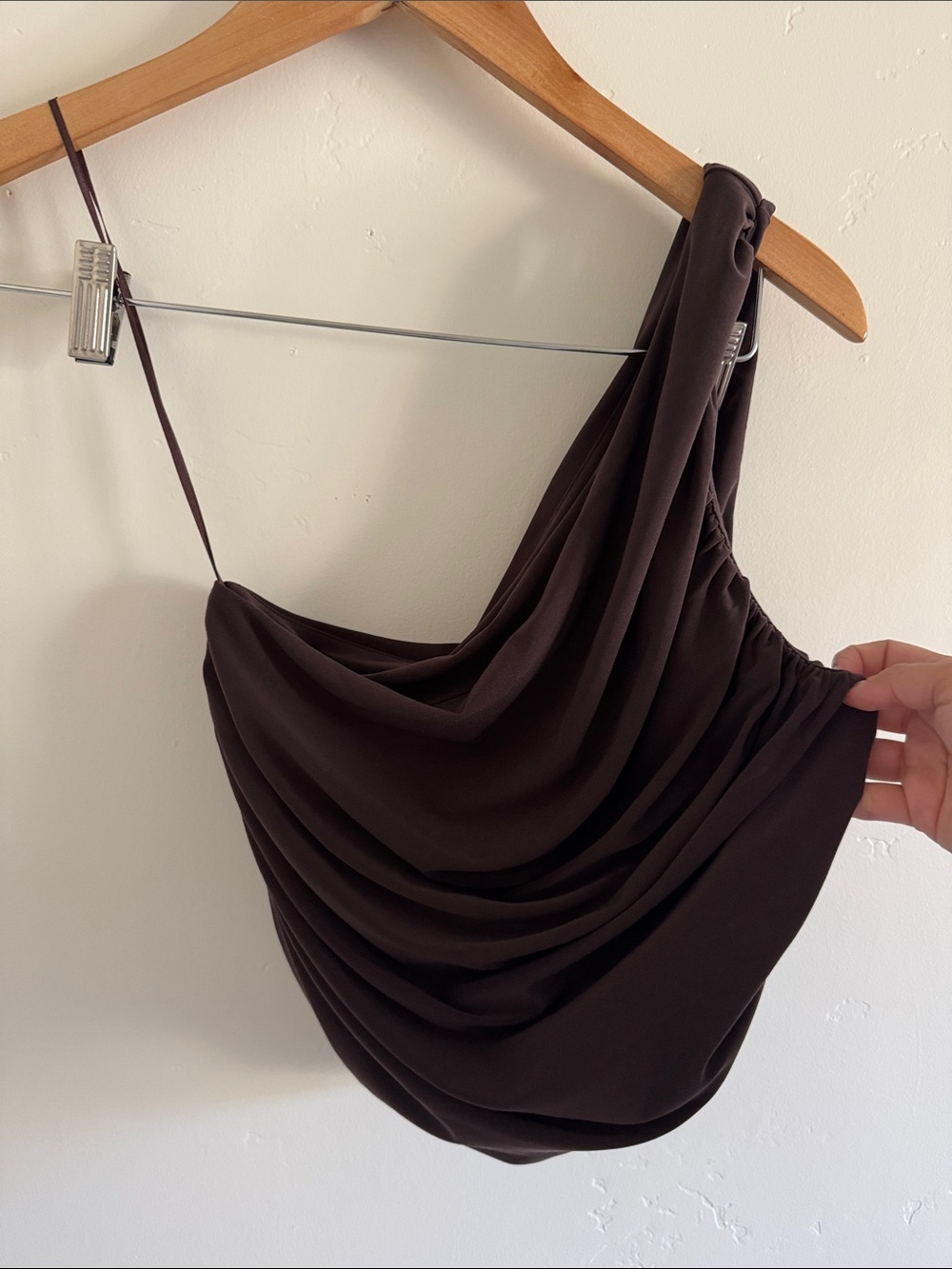 Express One-Shoulder Draped Dress in Dark Brown